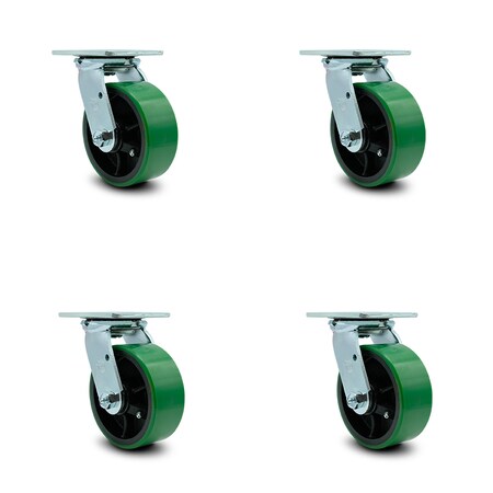 Service Caster 5 Inch Green Poly on Cast Iron Caster Set with Roller Bearing and Swivel Lock SCC-30CS520-PUR-GB-BSL-4